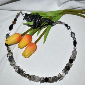 Gray, Black, Clear Colored Multi Design Bead Necklace